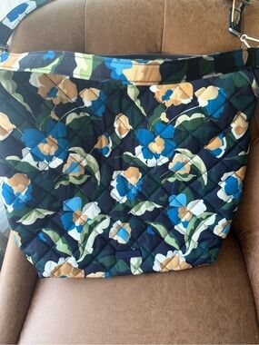 Quilted Floral Tote in Navy, Blue & Tan